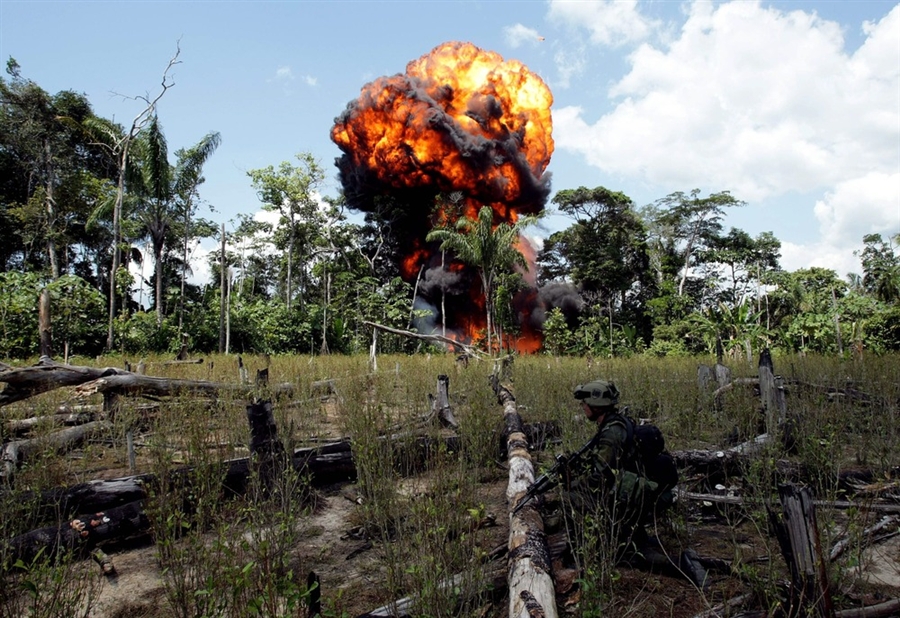 A jungle cocaine lab is blown up by Colombian forces