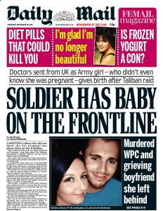 Front page of the Daily Mail, with headline "Murdered WPC and grieving boyfriend she left behind"