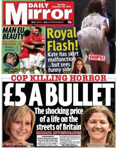Front page of the Mirror, with photo captions "WPC Nicola Hughes" and "WPC Fiona Bone"