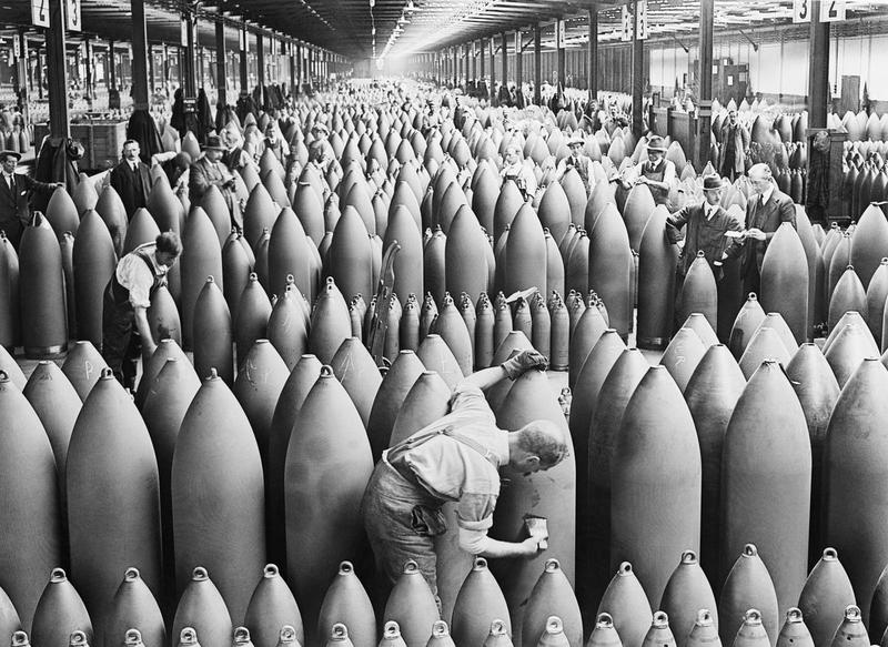 Munitions workers painting shells at Chilwell, Nottinghamshire c