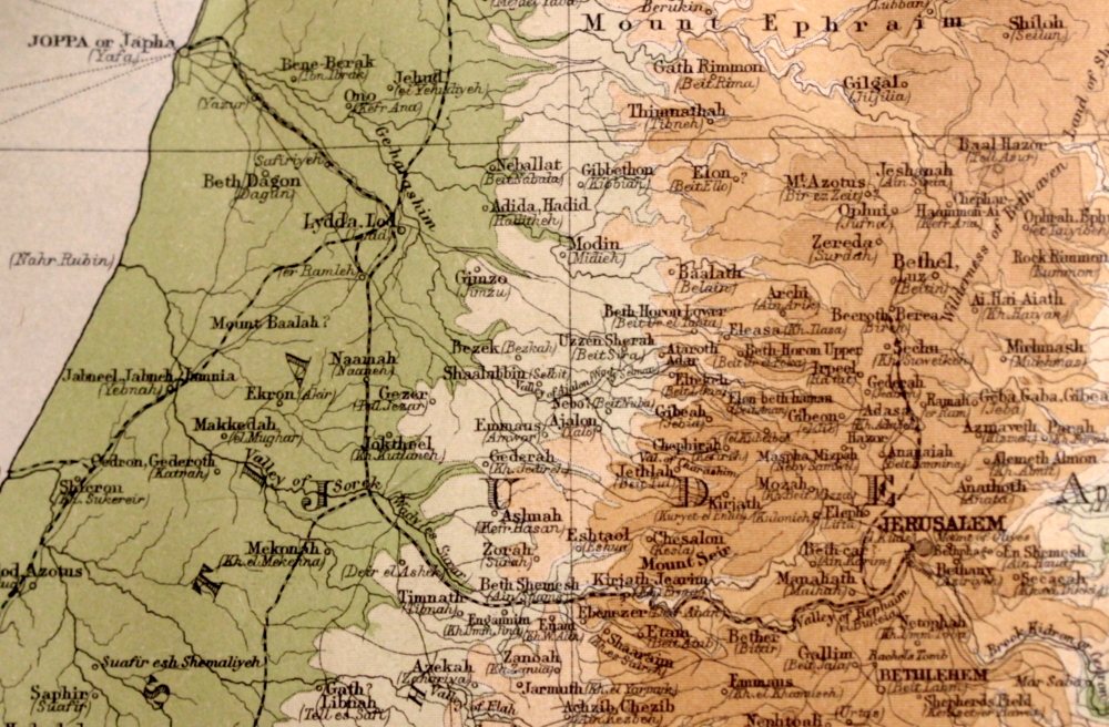 Jaffa to Jerusalem. Image: section of plate entitled "Palestine" from the 1920 Times Atlas of the World.