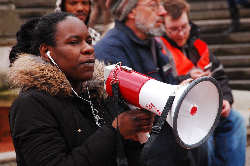 ‘We’re screaming that we want free education, we’re screaming when we want it, but we need to start thinking about why we want free education and how we’re going to get it.’ Shakira Martin addresses last month's demonstration for free education. Photo: William Pinkney-Baird. 