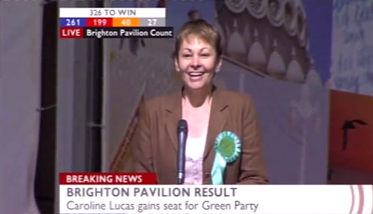 Caroline Lucas elected as the first Green MP in the UK Parliament, 2010. Image: BBC News.