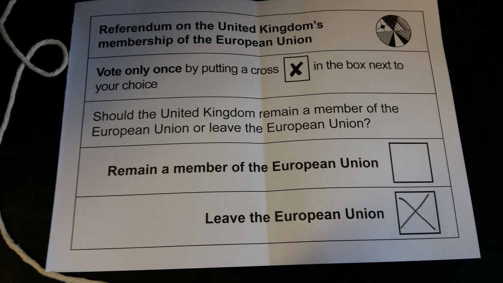 An photograph of an EU referendum ballot slip with "Leave the European Union" crossed