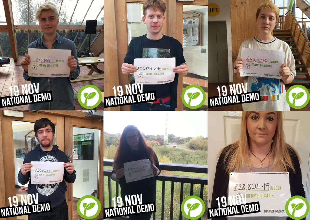 A collage of Young Greens holding up signs explaining how much debt they are in due to their education.