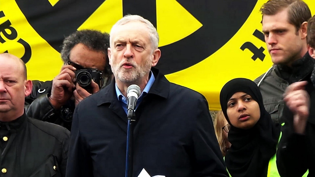 Jeremy Corbyn speaking at the Stop Trident rally at Trafalgar Square on Saturday 27th February 2016. Photo by Garry Knight, public domain.