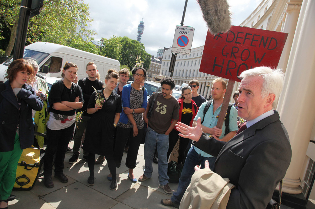 Shadow Chancellor John McDonnell is the architect of Labour's public investment plans. He has campaigned for many years against the expansion of Heathrow Airport. Photo: Anti-Heathrow campaigners at Central London County Court, 2012 by Transition Heathrow.