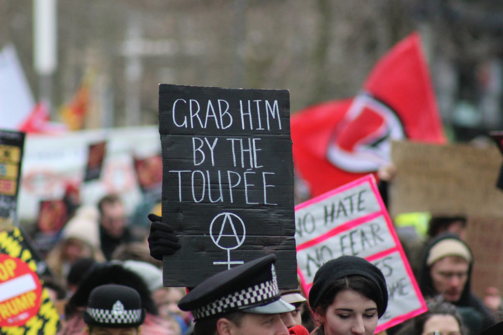 Placard reads 'Grab him by the toupee'. Photo of Scotland Against Trump demonstration, February 2017, Edinburgh by Ric Lander.