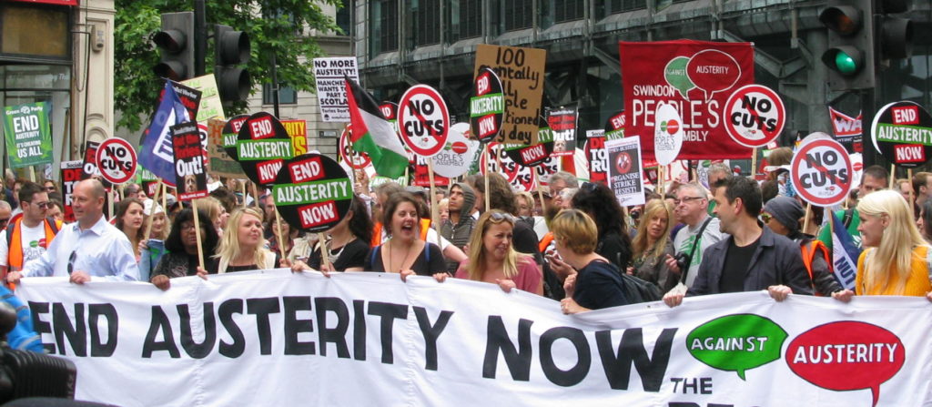 Placards from a protest against austerity in the UK
