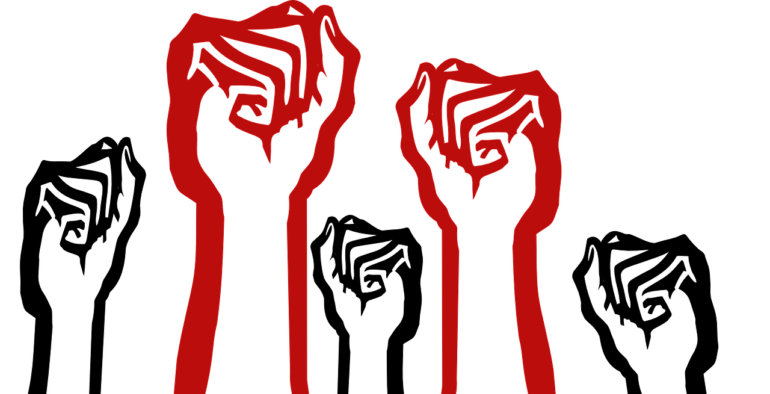 Drawing of a group of raised fists