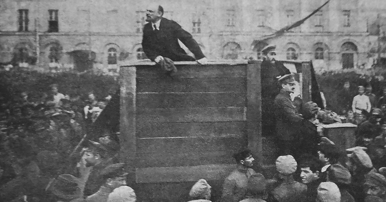 Vladimir Lenin speaking to crowds in 1920
