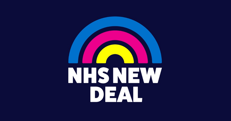 A blue brackground with a rainbow and the words "NHS new deal" on top