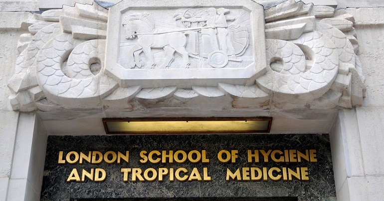 A photo of a building with a plaque reading "London School of Hygiene and Tropical Medicine"