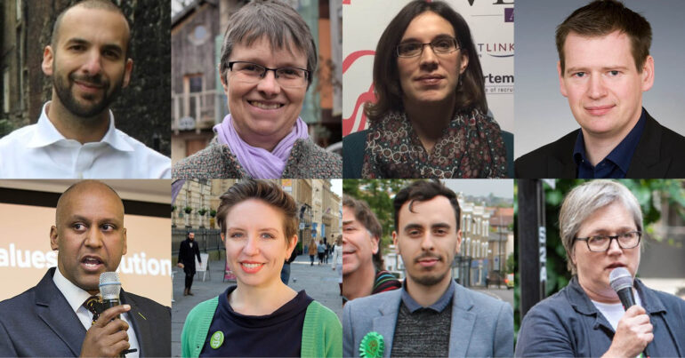 A collage of Green Party spokespeople, Zack Polanski, Molly Scott Cato, Vix Lowthion, Peter Cranie, Shahrar Ali, Carla Denyer, Benali Hamdache and Caroline Russell
