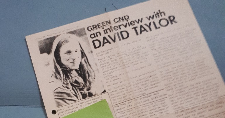A photo of a pamphlet headlined 'Green CND - an interview with David Taylor'