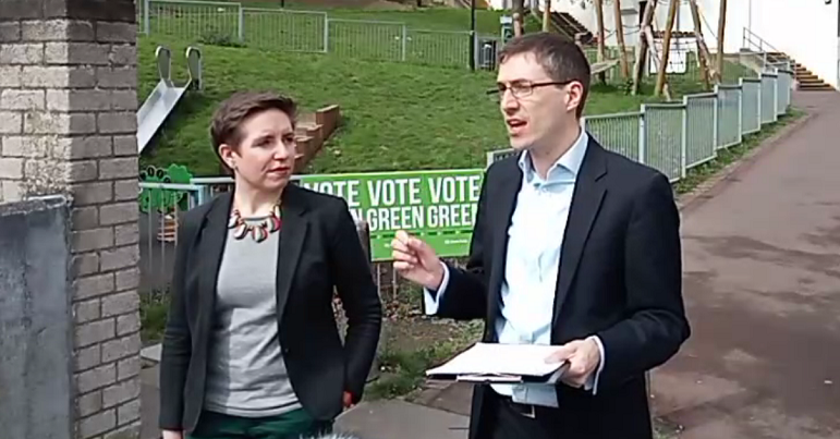 Carla Denyer and Adrian Ramsay speaking at the Green Party's 2022 local election launch