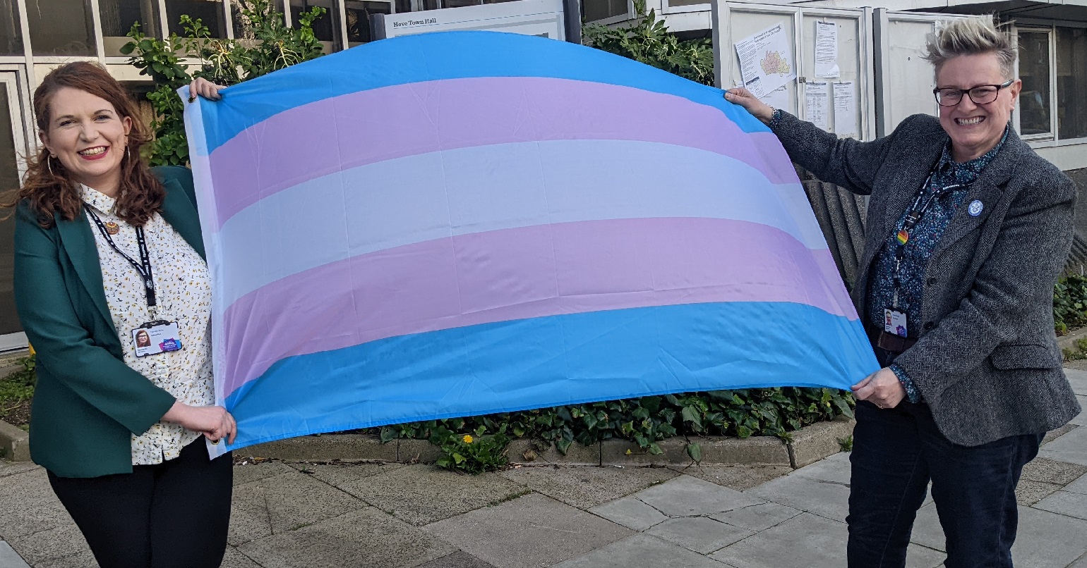Brighton & Hove Green Councillors Hannah Clare and Steph Powell with the trans pride flag