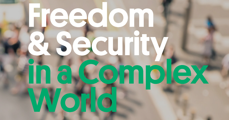 A graphic with text reading Freedom and security in a complex world