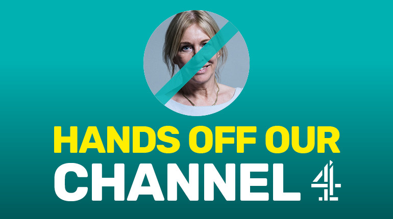 A photo of Nadine Dorries with a line through her face, with text below reading "hands off our Channel 4"