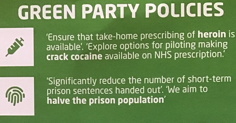 A portion of a Labour Party leaflet headed "Green Party Policies" which criticises the Green Party's stance on drug policy, criminal justice and other issues