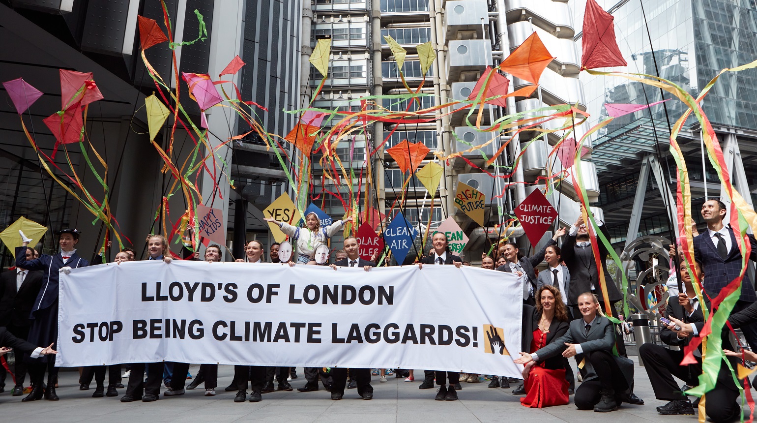 A photo of a protest outside Lloyds of London headquarters 
