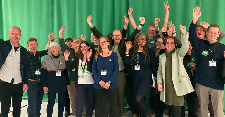 Wirral Greens celebrating the election of nine Green councillors at the count on 6 May 2022