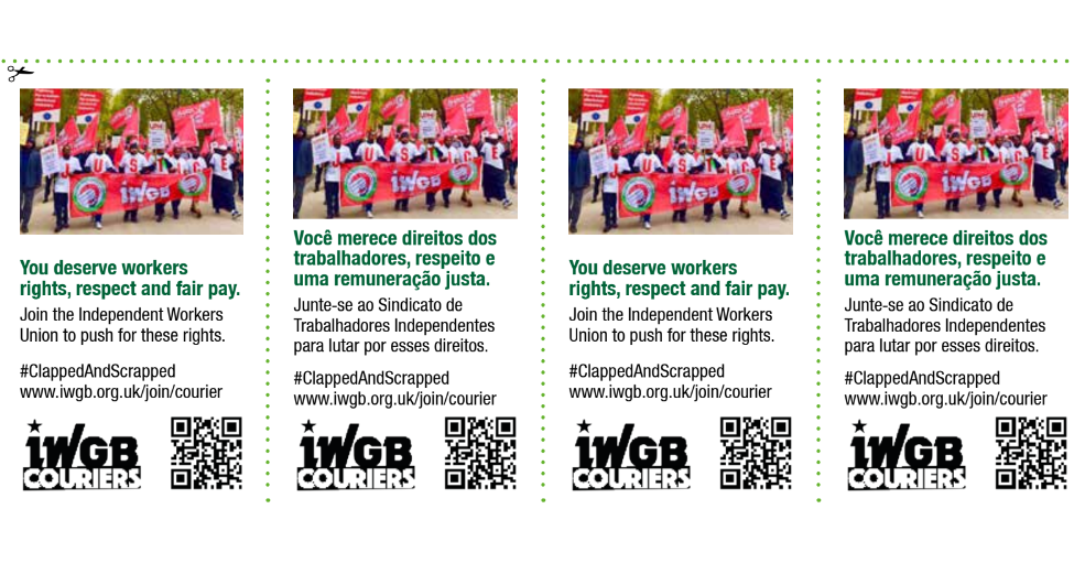 An image of a Dalston Green Party Newsletter with cut out slips encouraging riders to join the IWGB