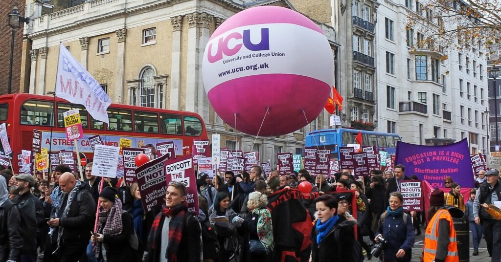 A UCU balloon at a trade union march