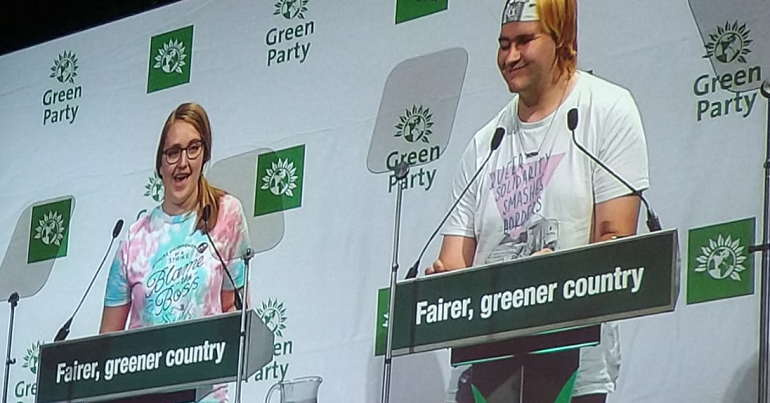Jane Baston and JKelsey Trevett speaking at Green Party Conference