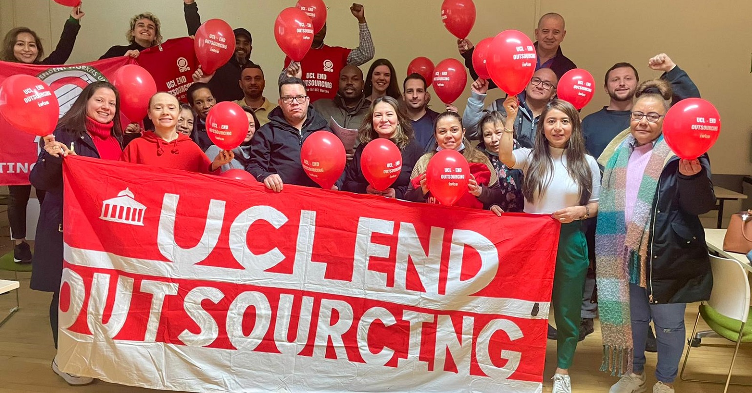 IWGB protesters with a banner reading "UCL: End Outsourcing"
