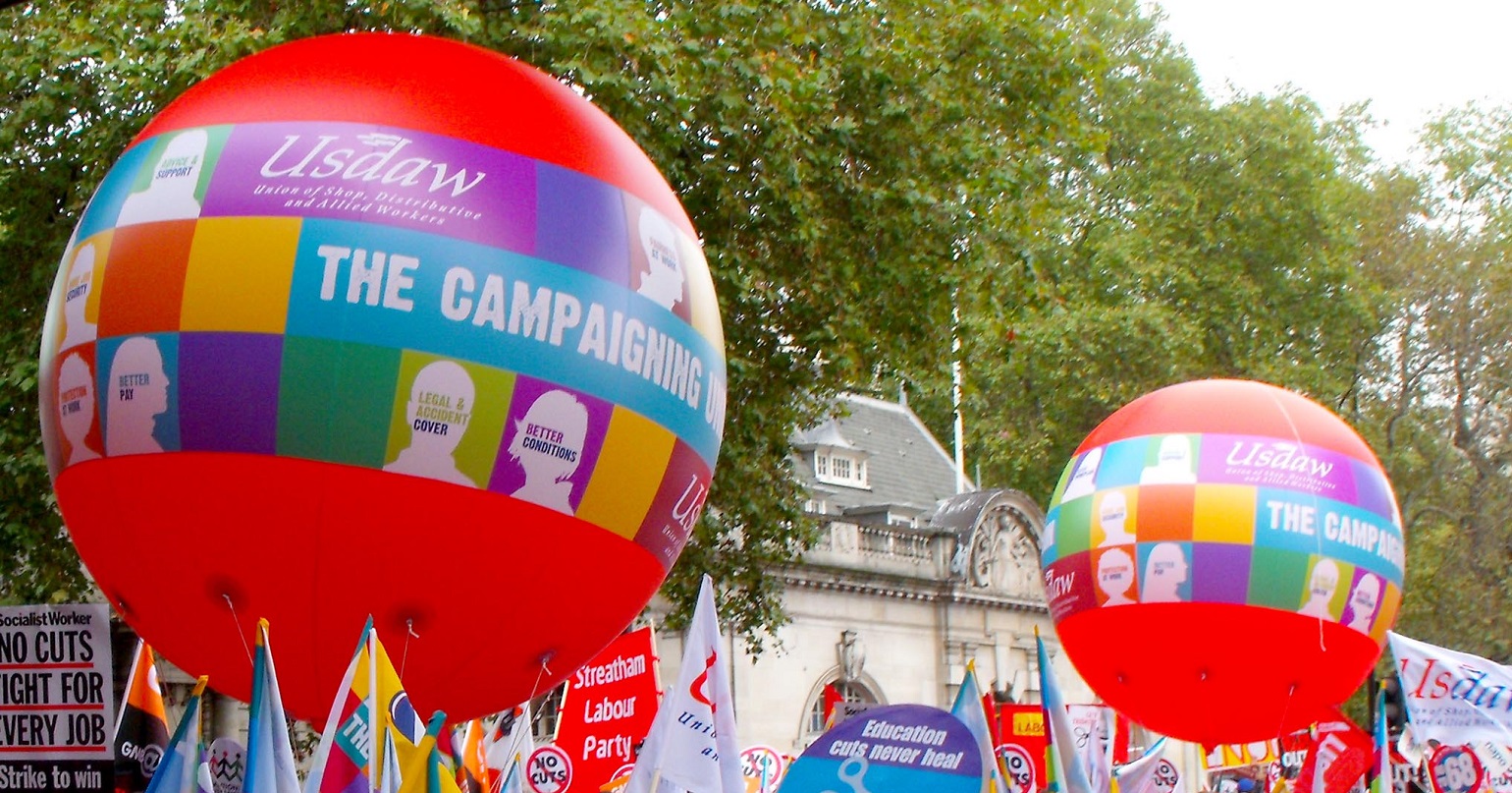 USDAW balloons on a demonstration