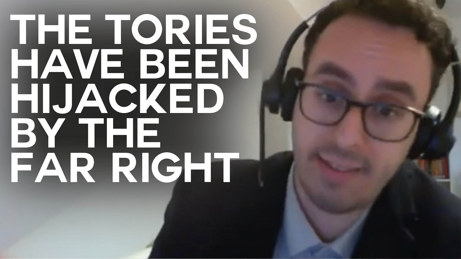 A still from an interview with Green Party migration spokesperson Benali Hamdache with text reading "The Tories have been hijacked by the far right"