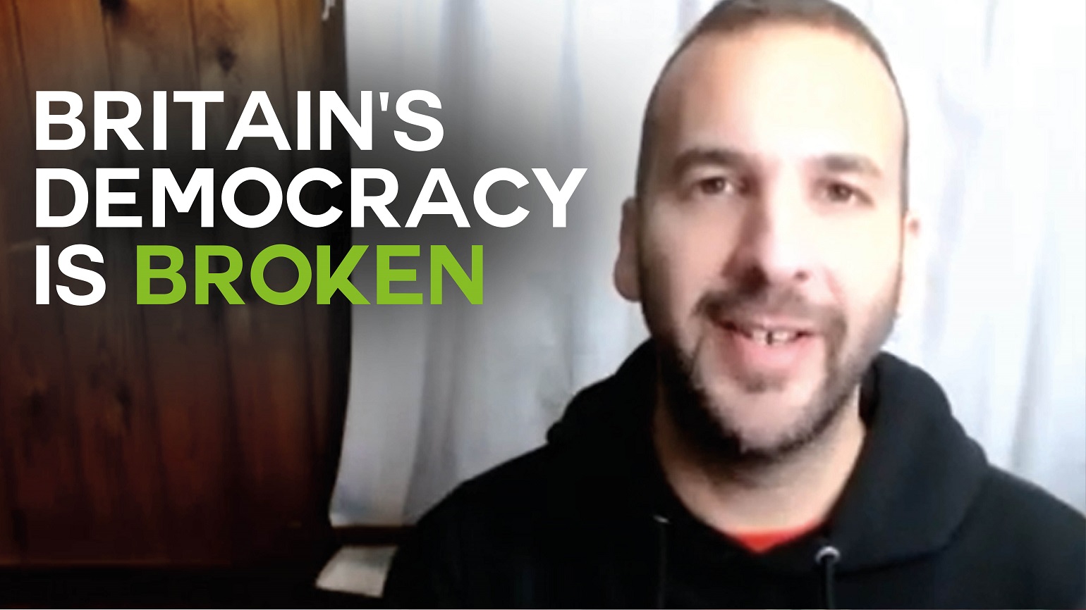 Zack Polanski appearing on Bright Green Live with text overlaid reading "Britain's Democracy is Broken"