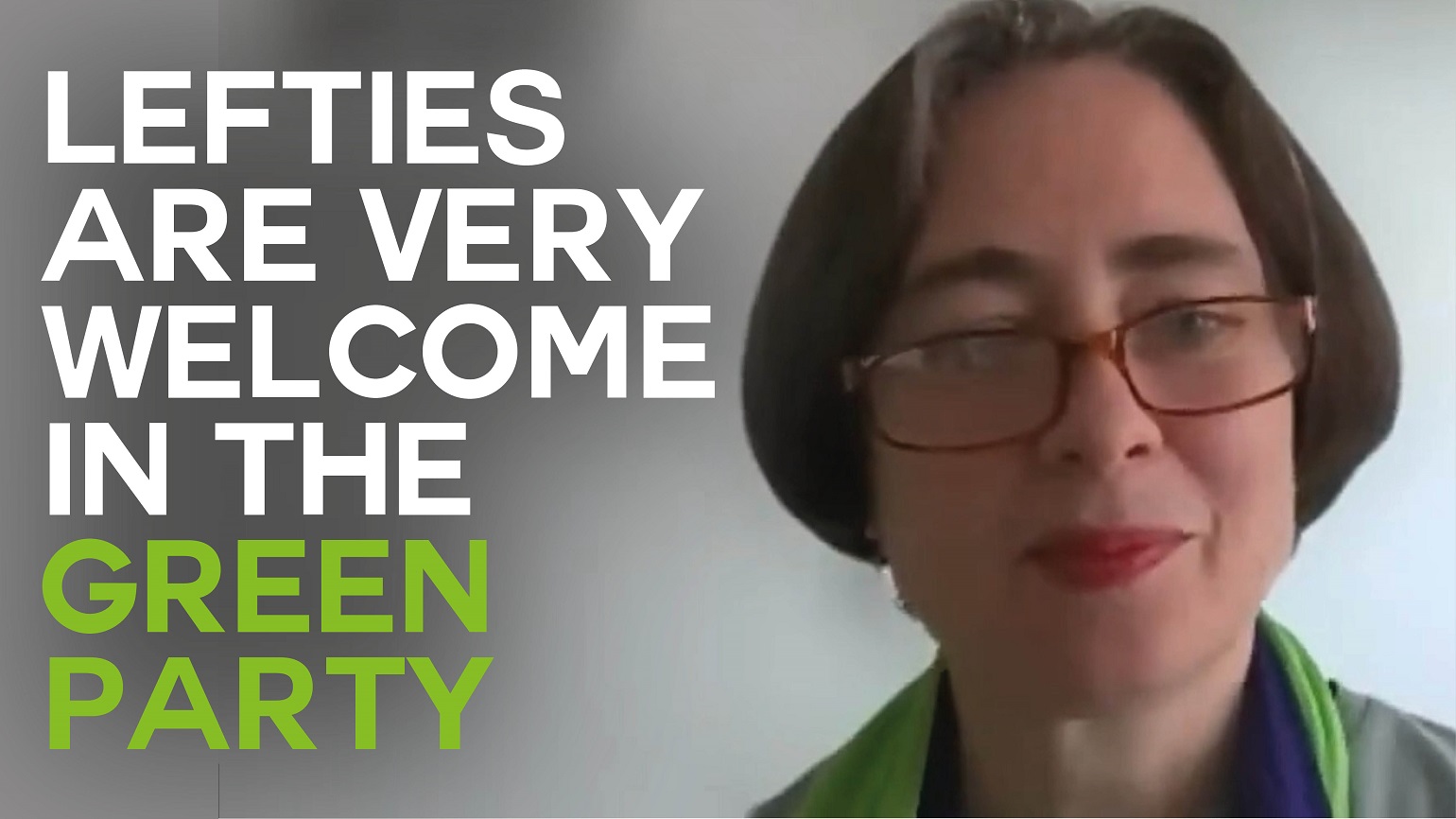 A still of an interview with Jo Bird with text overlaid reading "Lefties are very welcome in the Green Party"