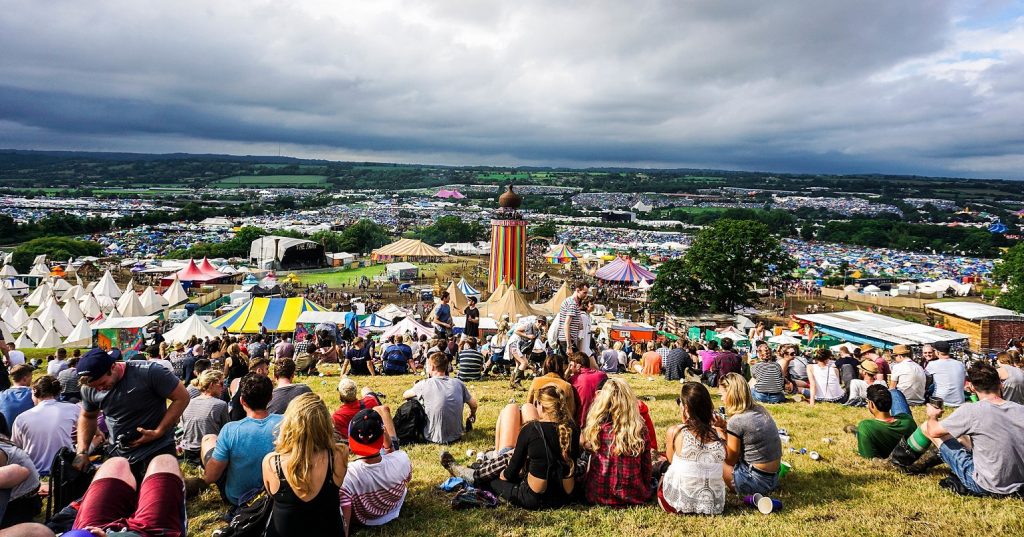 a photo of Glastonbury festival from the hill