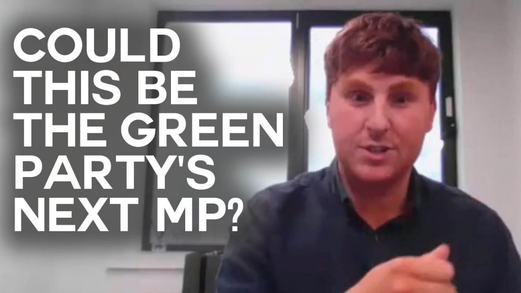 A still of an interview with Dan Rue with text overlaid reading "Could this be the Green Party's next MP?"