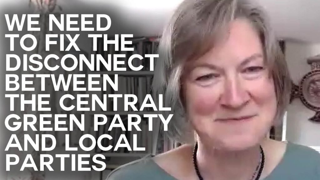 A still of an interview with Helen Geake with text overlaid reading "We need to fix the disconnect between the central Green Party and local parties"