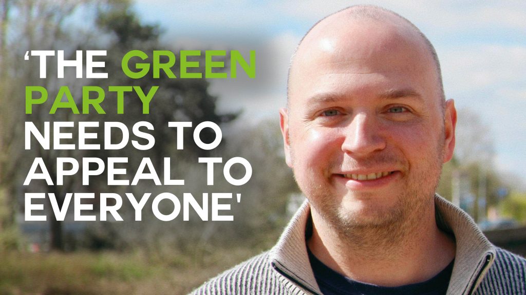 A photo of Alex Mace with text overlaid reading "The Green Party needs to appeal to everyone"