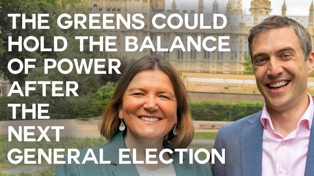A still of an interview with Ellie Chowns and Adrian Ramsay with text overlaid reading "The Greens could hold the balance of power after the next general election"