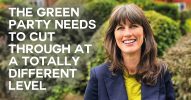 A photo of Rachel Millward with text overlaid reading "The Green Party needs to cut through at a totally different level"