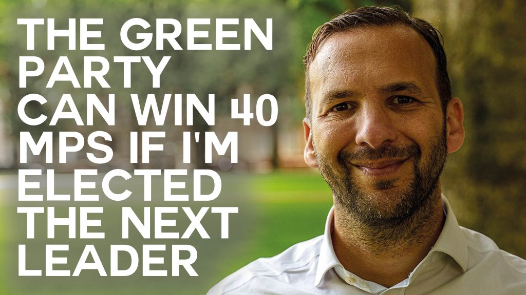 A thumbnail for an interview with Zack Polanski with text overlaid reading "The Green Party can win 40 MPs if I'm elected the next elader'